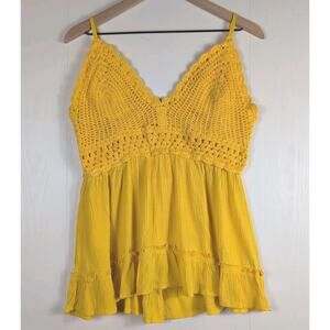 Blush Womens L Yellow Crochet Peplum Cami Boho Ruffle Hem Y2K Festival Top